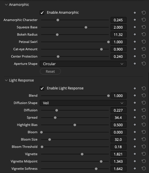 Actual Eidolon Resolve inspector: anamorphic character, bokeh, Petzval swirl, diffusion, bloom and vignette