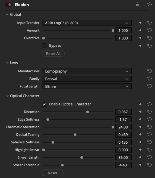 Actual Eidolon Resolve inspector: input transfer, Petzval lens selection, global amount, overdrive and optical character