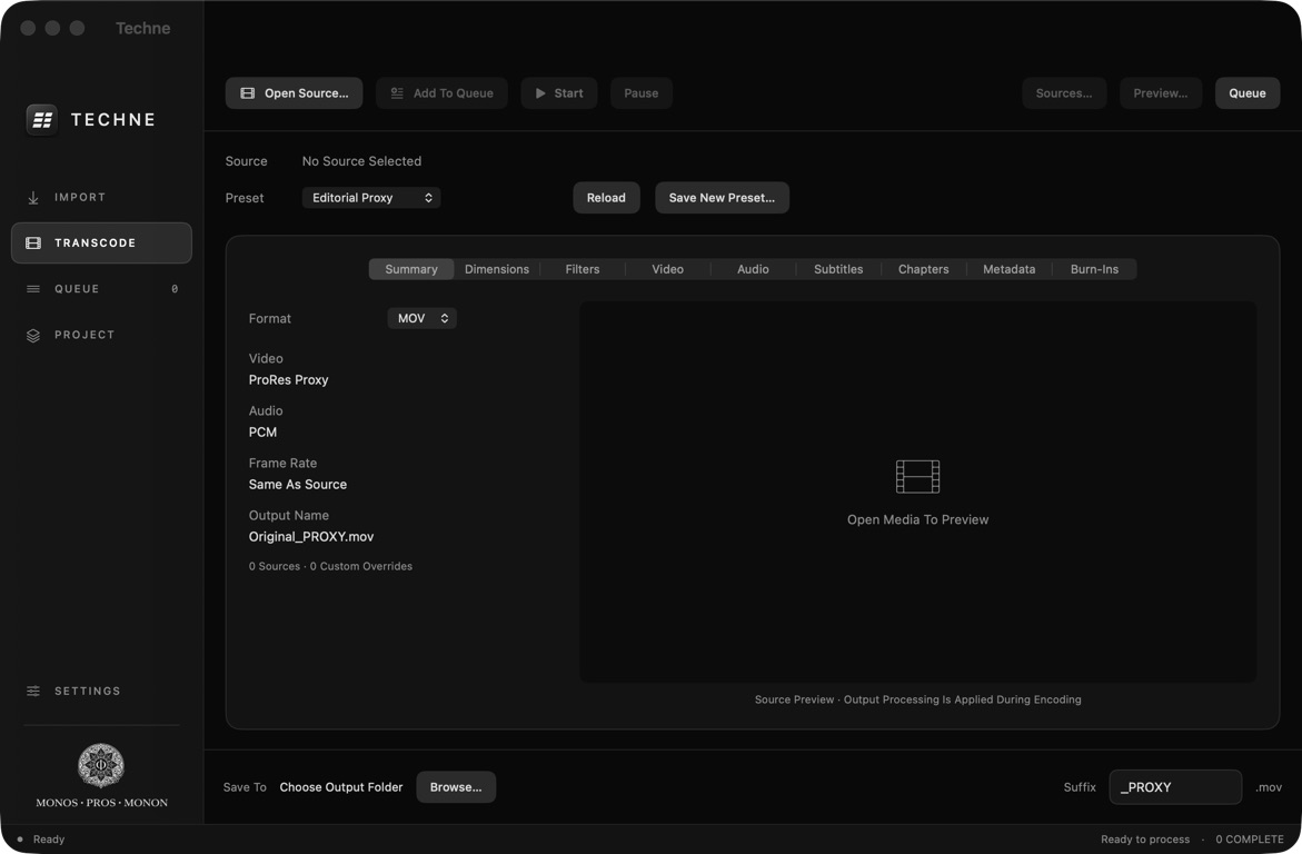 Techne transcoding workspace with proxy presets, output settings and preview